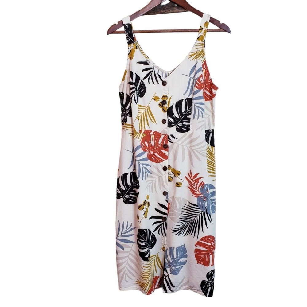 Monteau Linen Blend Palm Pattern Sundress Large Natural Beige Multicolor Dress